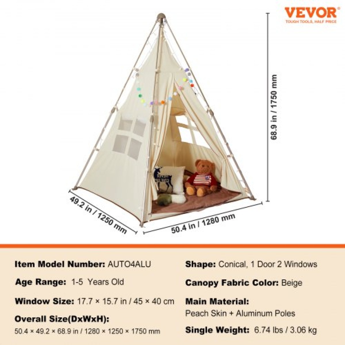 VEVOR Παιδική σκηνή παιχνιδιού, σκηνή Teepee για παιδιά 1-5 ετών, Πτυσσόμενη σκηνή για νήπια με χαλάκι και τσάντα μεταφοράς, σκηνή για παιδιά με παράθυρα για εσωτερικούς και εξωτερικούς χώρους, Παιδική σκηνή για αγόρια και κορίτσια, μπεζ