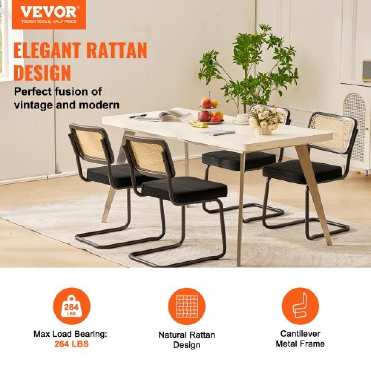 Καρέκλες VEVOR Rattan, Σετ 4, Μοντέρνα Καρέκλα Τραπεζαρίας Mid Century, Επενδυμένη καρέκλα βελούδινης έμφασης με πλάτη Rattan, Ρετρό Καρέκλα Τραπεζαρίας Κουζίνας για Σαλόνι, Υπνοδωμάτιο, Αναγνωστήριο, Γραφείο, Μαύρο