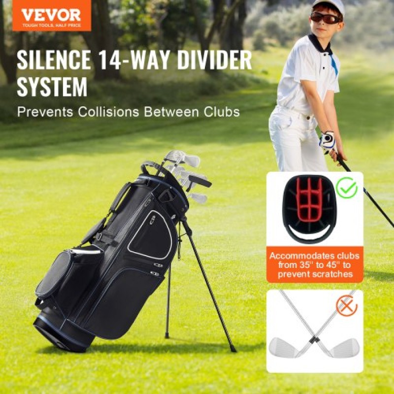 Τσάντα VEVOR Golf Cart with 14 Way Organizer Divider Top, 35” 11 τσέπες Premium Cart Bag με βάση, ανθεκτικές τσάντες γκολφ με λαβές & κάλυμμα σκόνης & αποσπώμενο διπλό λουρί για άνδρες και γυναίκες, μαύρο λευκό