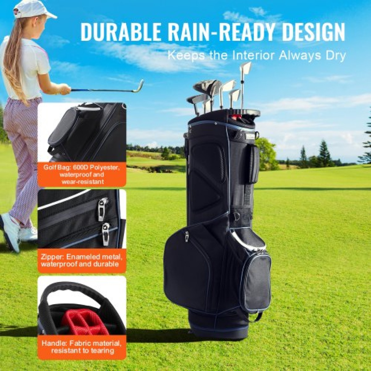 Τσάντα VEVOR Golf Cart with 14 Way Organizer Divider Top, 35” 11 τσέπες Premium Cart Bag με βάση, ανθεκτικές τσάντες γκολφ με λαβές & κάλυμμα σκόνης & αποσπώμενο διπλό λουρί για άνδρες και γυναίκες, μαύρο λευκό