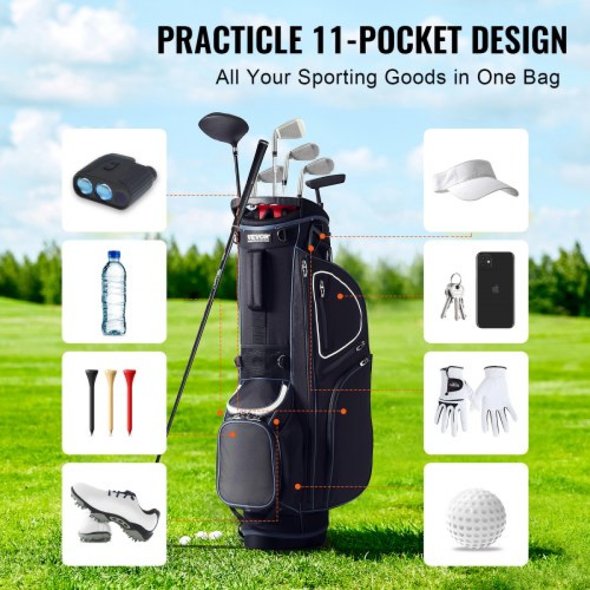 Τσάντα VEVOR Golf Cart with 14 Way Organizer Divider Top, 35” 11 τσέπες Premium Cart Bag με βάση, ανθεκτικές τσάντες γκολφ με λαβές & κάλυμμα σκόνης & αποσπώμενο διπλό λουρί για άνδρες και γυναίκες, μαύρο λευκό