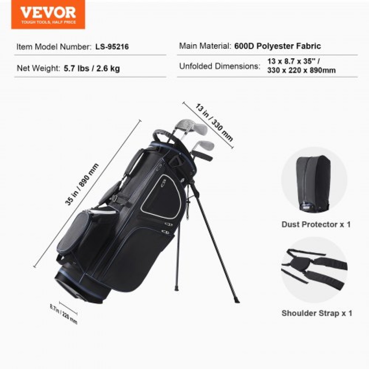 Τσάντα VEVOR Golf Cart with 14 Way Organizer Divider Top, 35” 11 τσέπες Premium Cart Bag με βάση, ανθεκτικές τσάντες γκολφ με λαβές & κάλυμμα σκόνης & αποσπώμενο διπλό λουρί για άνδρες και γυναίκες, μαύρο λευκό