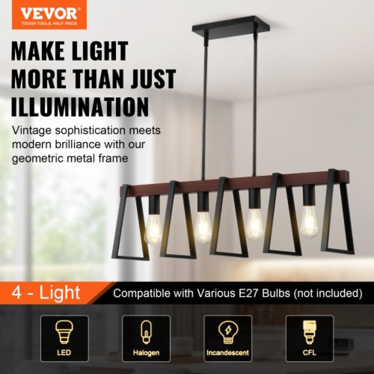 VEVOR 4-Light Kitchen Island κρεμαστά φωτιστικά, 60W, Ρυθμιζόμενο φωτιστικό τραπεζαρίας με 2 x 6" και 6 x 12" ράβδους, βιομηχανικός μεταλλικός σκελετός Farmhouse Linear Chandeliers Lighting for Dining Room, E27
