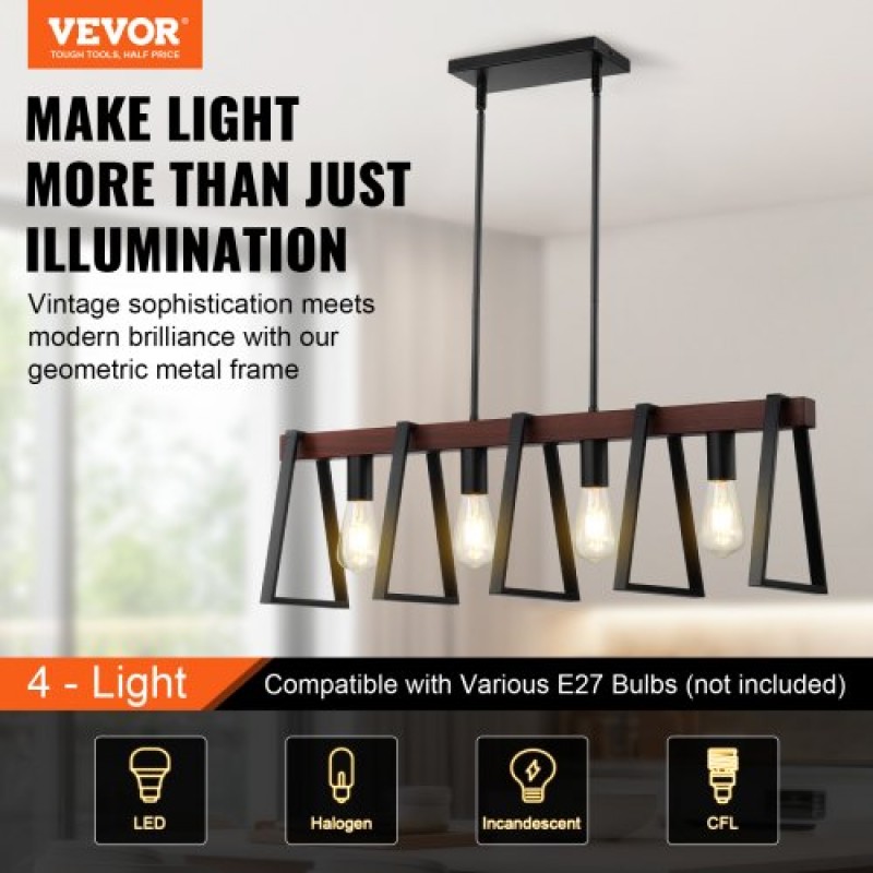 VEVOR 4-Light Kitchen Island κρεμαστά φωτιστικά, 60W, Ρυθμιζόμενο φωτιστικό τραπεζαρίας με 2 x 6" και 6 x 12" ράβδους, βιομηχανικός μεταλλικός σκελετός Farmhouse Linear Chandeliers Lighting for Dining Room, E27
