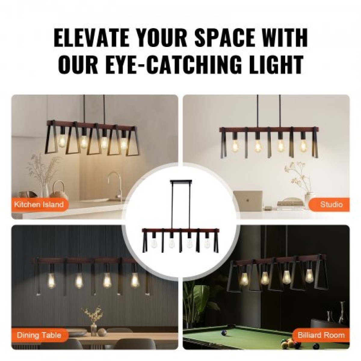 VEVOR 4-Light Kitchen Island κρεμαστά φωτιστικά, 60W, Ρυθμιζόμενο φωτιστικό τραπεζαρίας με 2 x 6" και 6 x 12" ράβδους, βιομηχανικός μεταλλικός σκελετός Farmhouse Linear Chandeliers Lighting for Dining Room, E27