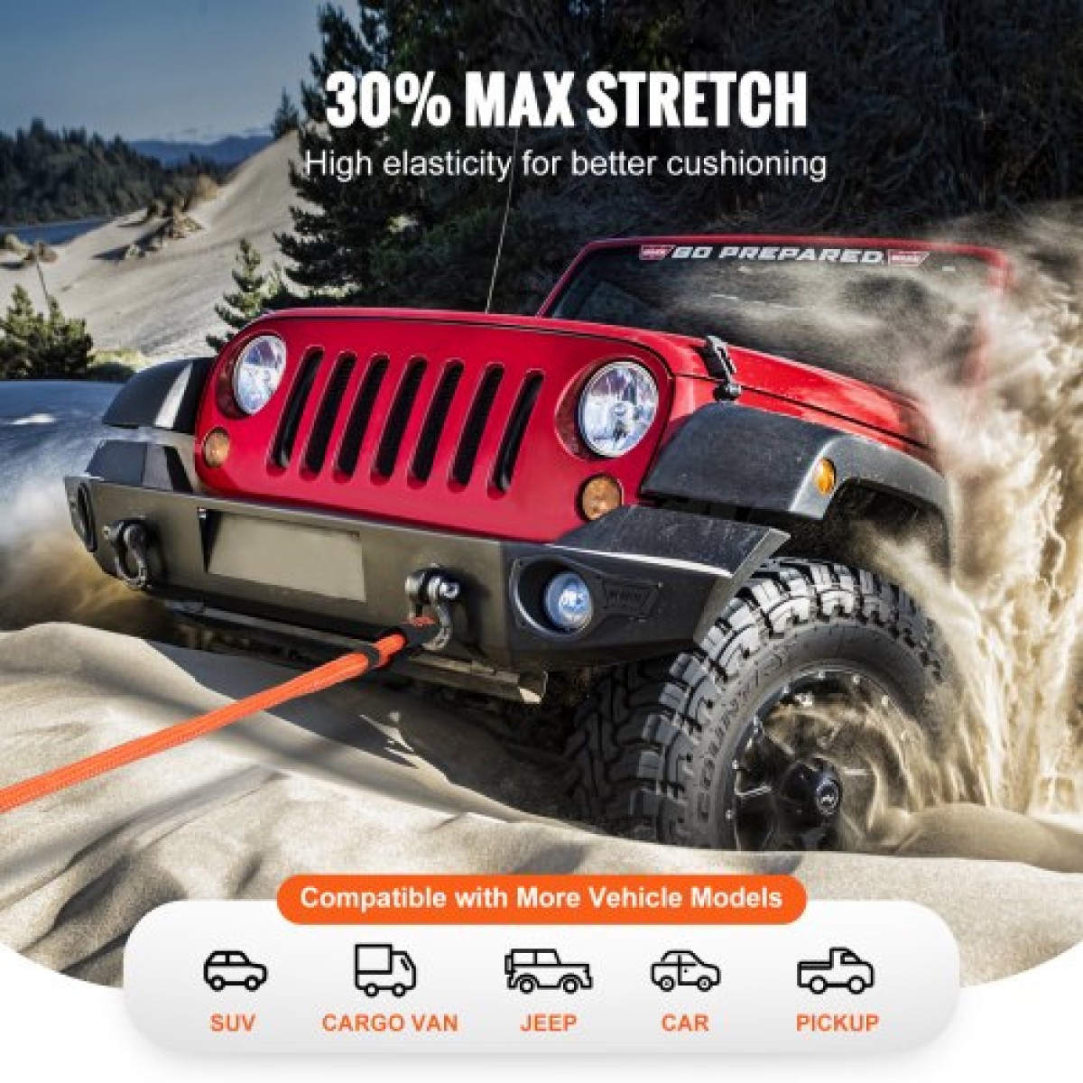 VEVOR 1" (2,54 cm) x 20'/6,1 m Kinetic Recovery Tow Rope 38.000 lbs/17.237,5 kg, Heavy-Duty Off Road Snatch Strap, Extreme Duty 30% Elasticity Energy Snatch Strap for Jeep Car SuV Truck ATV