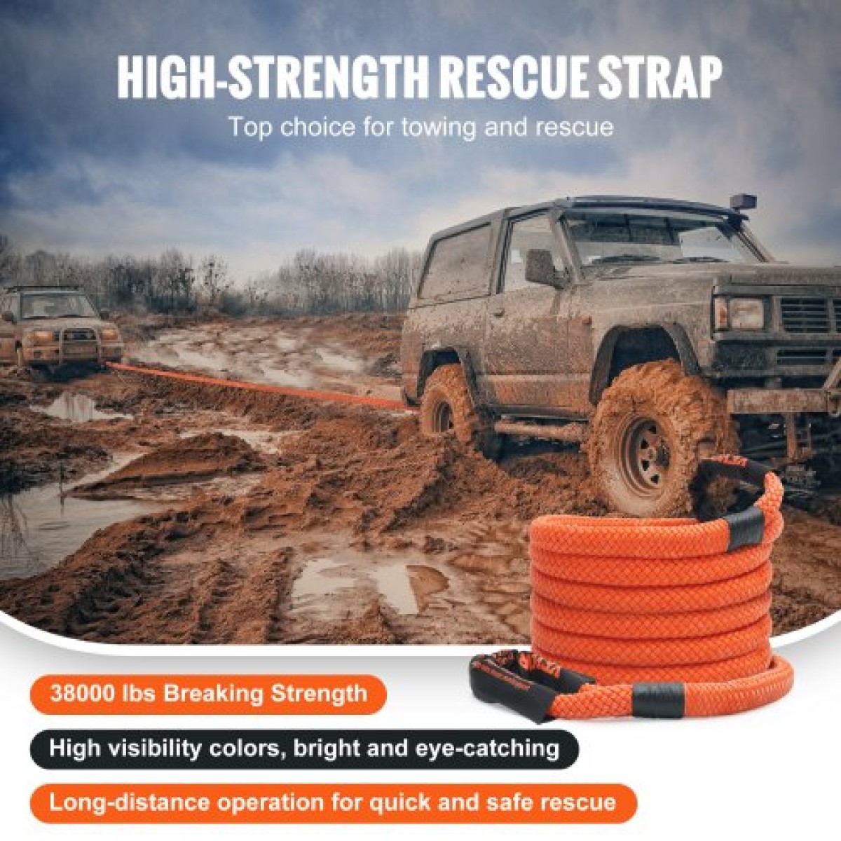 VEVOR 1" (2,54 cm) x 20'/6,1 m Kinetic Recovery Tow Rope 38.000 lbs/17.237,5 kg, Heavy-Duty Off Road Snatch Strap, Extreme Duty 30% Elasticity Energy Snatch Strap for Jeep Car SuV Truck ATV