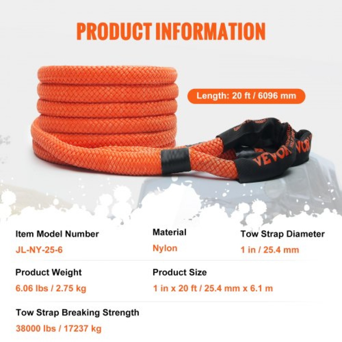 VEVOR 1" (2,54 cm) x 20'/6,1 m Kinetic Recovery Tow Rope 38.000 lbs/17.237,5 kg, Heavy-Duty Off Road Snatch Strap, Extreme Duty 30% Elasticity Energy Snatch Strap for Jeep Car SuV Truck ATV