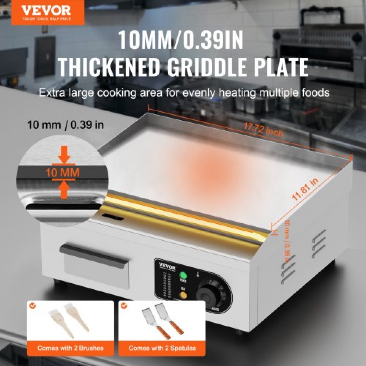 Εμπορική ηλεκτρική σχάρα VEVOR, 450 x 300 mm, 2800W, ρυθμιζόμενος έλεγχος θερμοκρασίας 50-300°C, ψησταριά από ανοξείδωτο ατσάλι με 2 σπάτουλες, 2 βούρτσες και 4 μαξιλαράκια ποδιών, για μπριζόλα, τηγανίτα