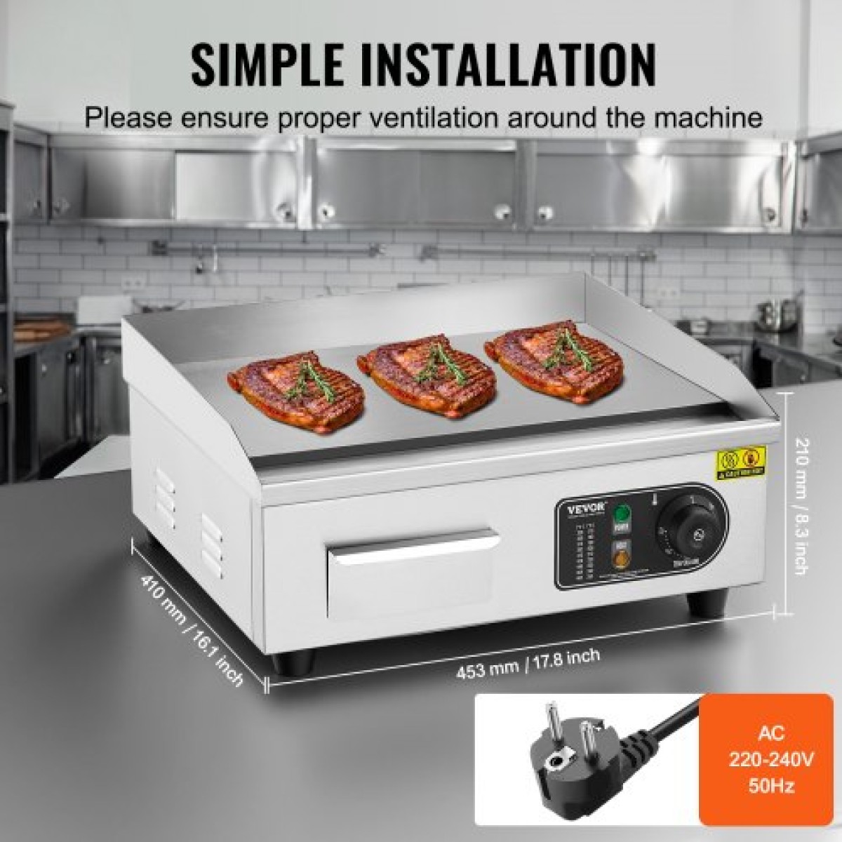 Εμπορική ηλεκτρική σχάρα VEVOR, 450 x 300 mm, 2800W, ρυθμιζόμενος έλεγχος θερμοκρασίας 50-300°C, ψησταριά από ανοξείδωτο ατσάλι με 2 σπάτουλες, 2 βούρτσες και 4 μαξιλαράκια ποδιών, για μπριζόλα, τηγανίτα