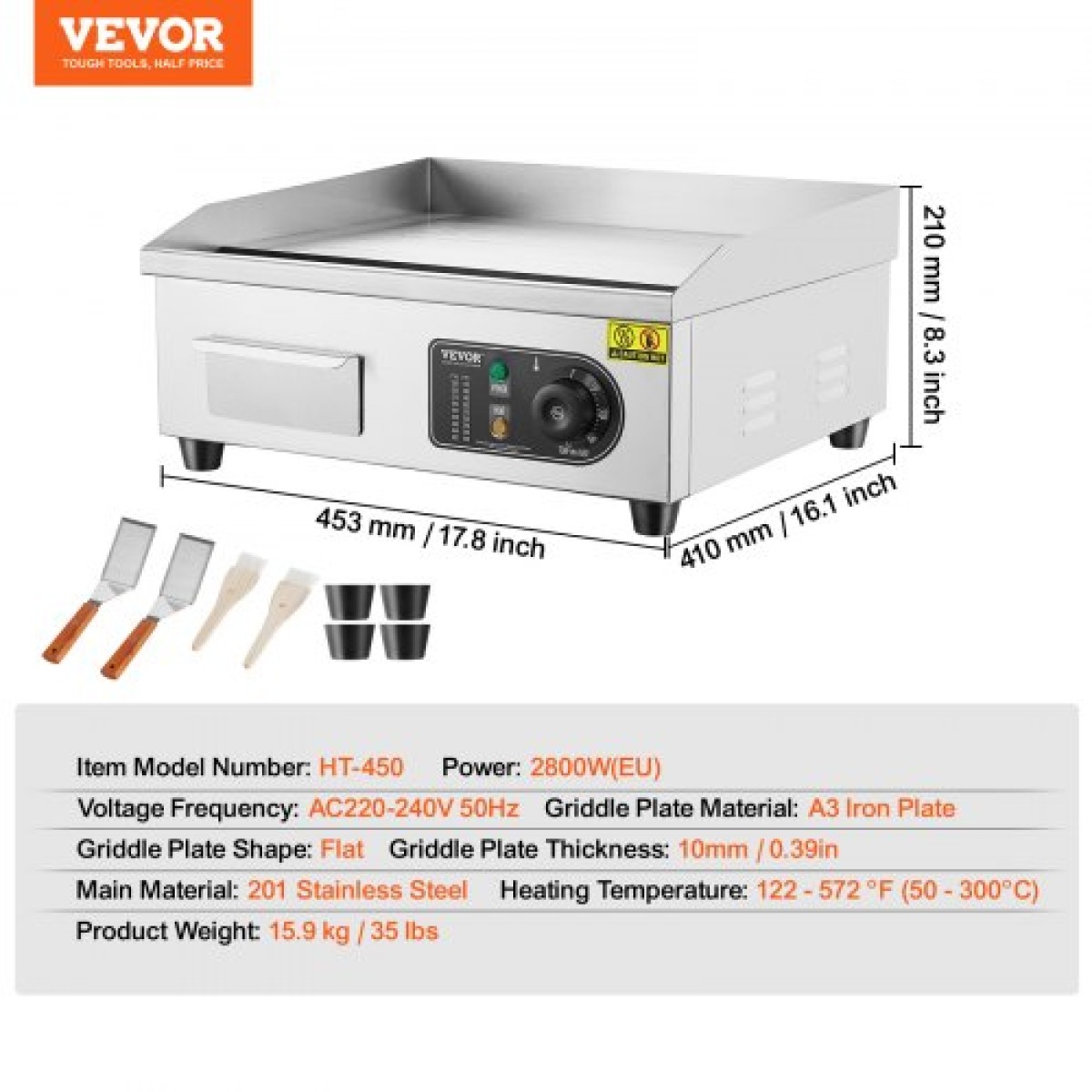 Εμπορική ηλεκτρική σχάρα VEVOR, 450 x 300 mm, 2800W, ρυθμιζόμενος έλεγχος θερμοκρασίας 50-300°C, ψησταριά από ανοξείδωτο ατσάλι με 2 σπάτουλες, 2 βούρτσες και 4 μαξιλαράκια ποδιών, για μπριζόλα, τηγανίτα