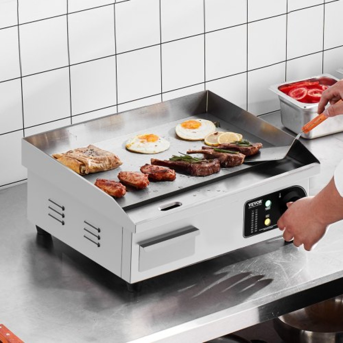 Εμπορική ηλεκτρική σχάρα VEVOR, 450 x 300 mm, 2800W, ρυθμιζόμενος έλεγχος θερμοκρασίας 50-300°C, ψησταριά από ανοξείδωτο ατσάλι με 2 σπάτουλες, 2 βούρτσες και 4 μαξιλαράκια ποδιών, για μπριζόλα, τηγανίτα