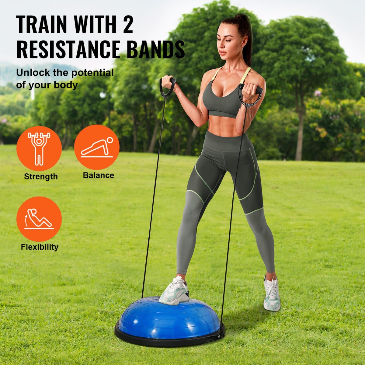 VEVOR Half Exercise Ball Trainer, 26 ιντσών Balance Ball Trainer, 1500lbs Capacity Stability Ball, Yoga Ball with Resistance Bands & Foot Pump, Strength Fitness Ball for Home Gym Workout Full Body, Μπλε