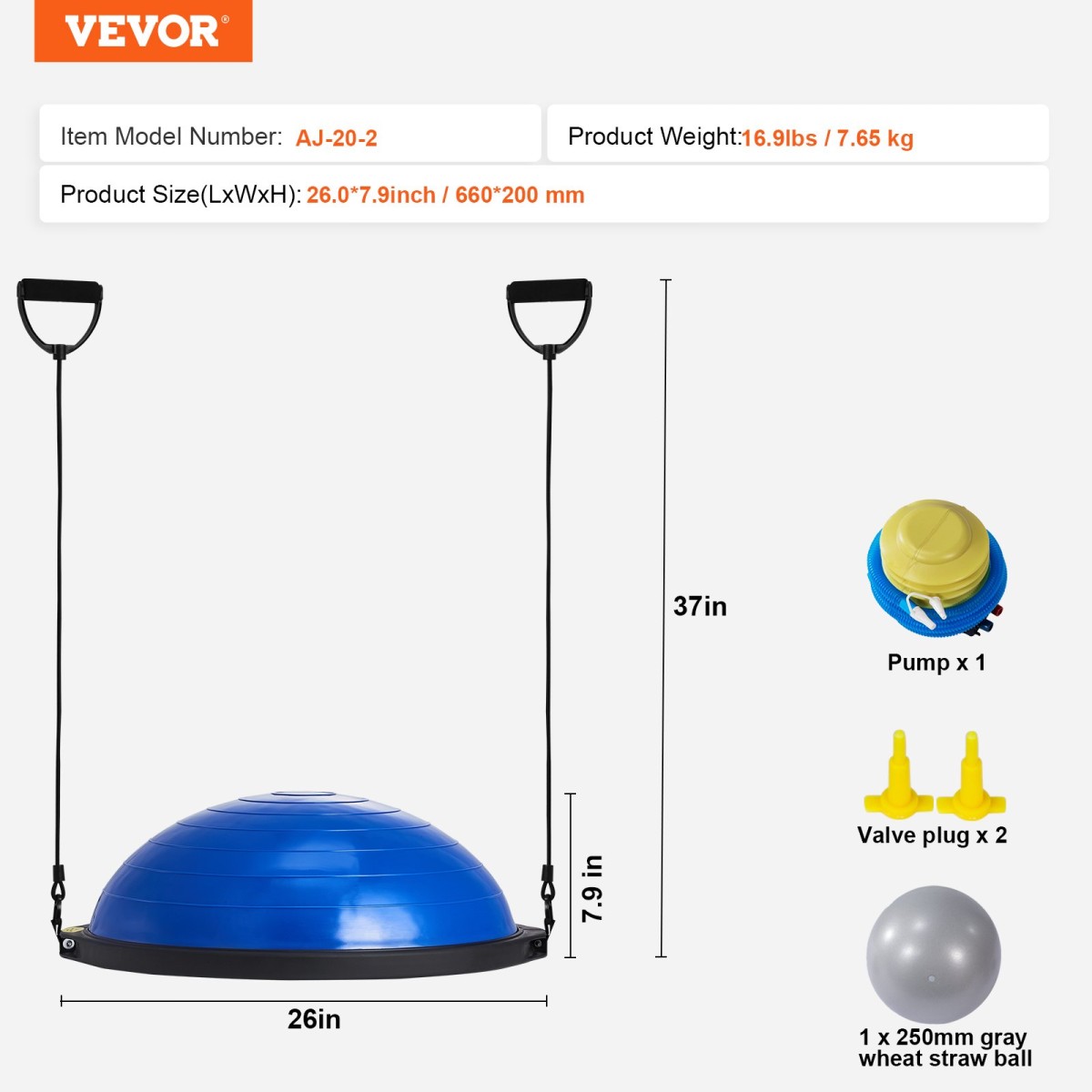 VEVOR Half Exercise Ball Trainer, 26 ιντσών Balance Ball Trainer, 1500lbs Capacity Stability Ball, Yoga Ball with Resistance Bands & Foot Pump, Strength Fitness Ball for Home Gym Workout Full Body, Μπλε