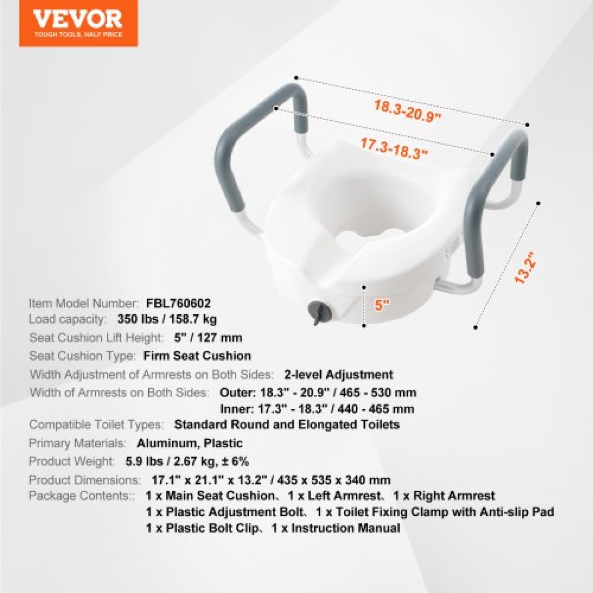 Ανυψωμένο κάθισμα τουαλέτας VEVOR 5" (12,7 cm) Ανυψωμένο ύψος 350 lbs/158,8 kg για στρογγυλή και επιμήκη τουαλέτα