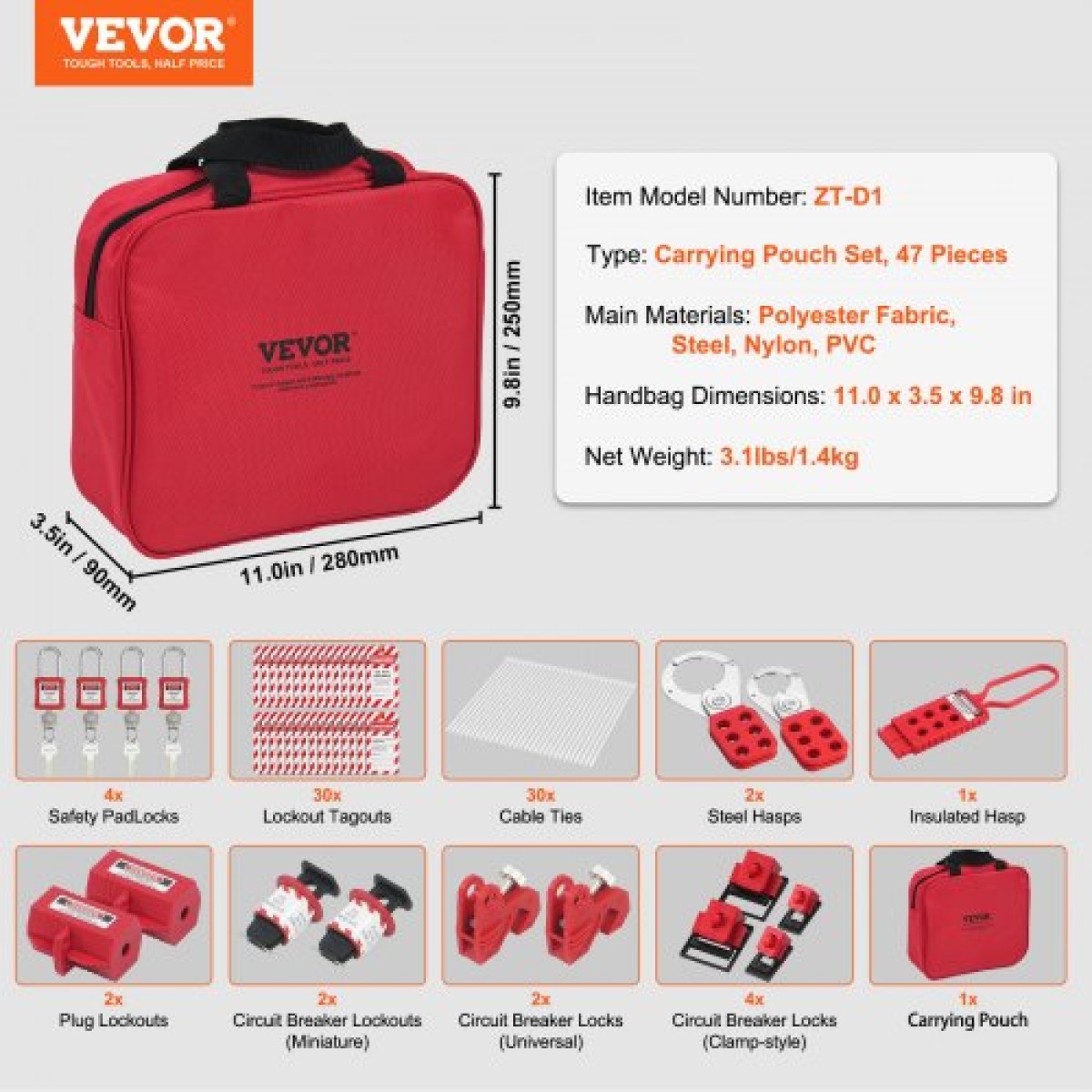 VEVOR Electrical Lockout Tagout Kit, 47 PCS Safety Loto Kit Περιλαμβάνει λουκέτα, λαβές, ετικέτες, νάιλον δεσίματα, κλείδωμα βυσμάτων, κλείδωμα διακόπτη κυκλώματος και τσάντα μεταφοράς, για βιομηχανική, ηλεκτρική ενέργεια