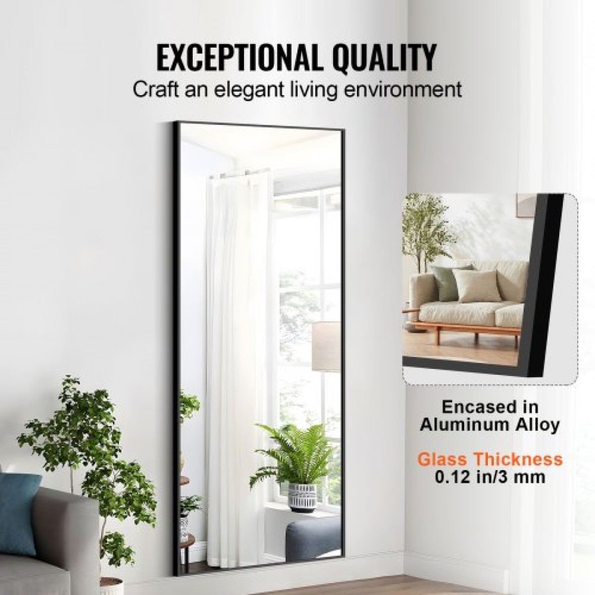 Ολόσωμος καθρέφτης VEVOR, 71" x 31", Εξαιρετικά μεγάλος όρθιος κρεμαστός ή κεκλιμένος ορθογώνιος καθρέφτης δαπέδου με σκελετό από κράμα αλουμινίου, ολόσωμος καθρέφτης για κρεβατοκάμαρα σαλονιού, μαύρος