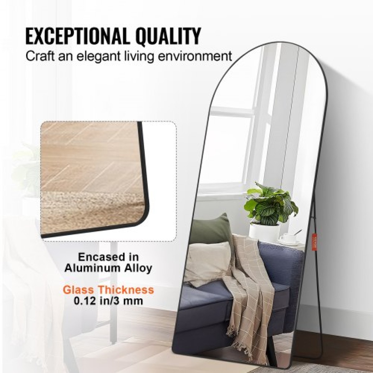 VEVOR Τοξωτός ολόσωμος καθρέφτης, 71" x 32", Μεγάλος Ελεύθερος Κρεμαστός Κρεμαστός Επιτοίχιος καθρέφτης δαπέδου με σκελετό από κράμα αλουμινίου, Ολόσωμος καθρέφτης για υπνοδωμάτιο σαλονιού, μαύρος