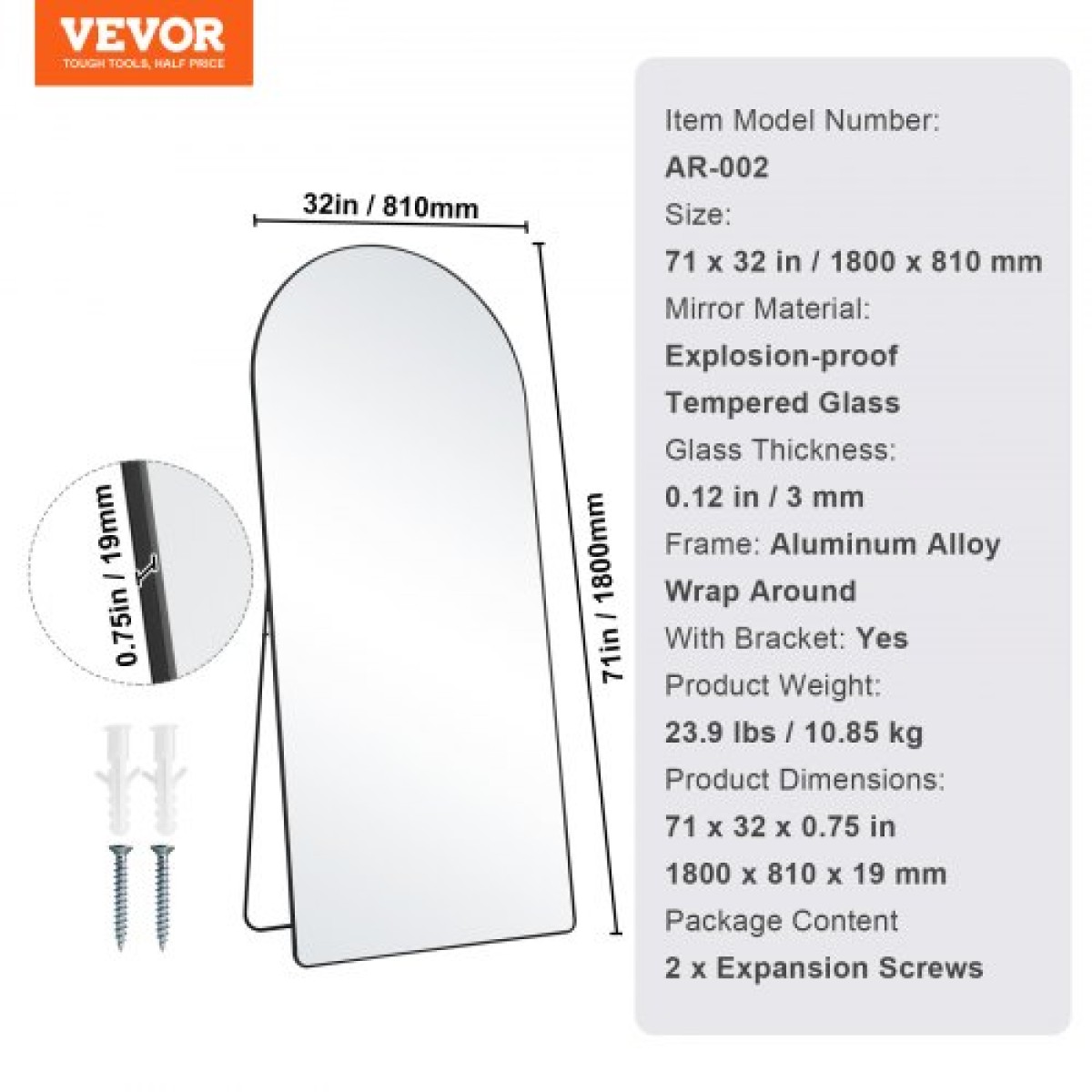 VEVOR Τοξωτός ολόσωμος καθρέφτης, 71" x 32", Μεγάλος Ελεύθερος Κρεμαστός Κρεμαστός Επιτοίχιος καθρέφτης δαπέδου με σκελετό από κράμα αλουμινίου, Ολόσωμος καθρέφτης για υπνοδωμάτιο σαλονιού, μαύρος