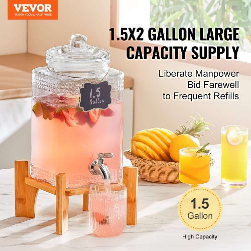VEVOR Beverage Dispenser, 1,5 γαλόνι/5,5 L Dispensers ποτών για πάρτι, Glass Juice Dispenser with Stand, Stainless Steel Spigot, Iced Tea Juice Water Dispenser, για εστιατόρια, ξενοδοχεία, πάρτι