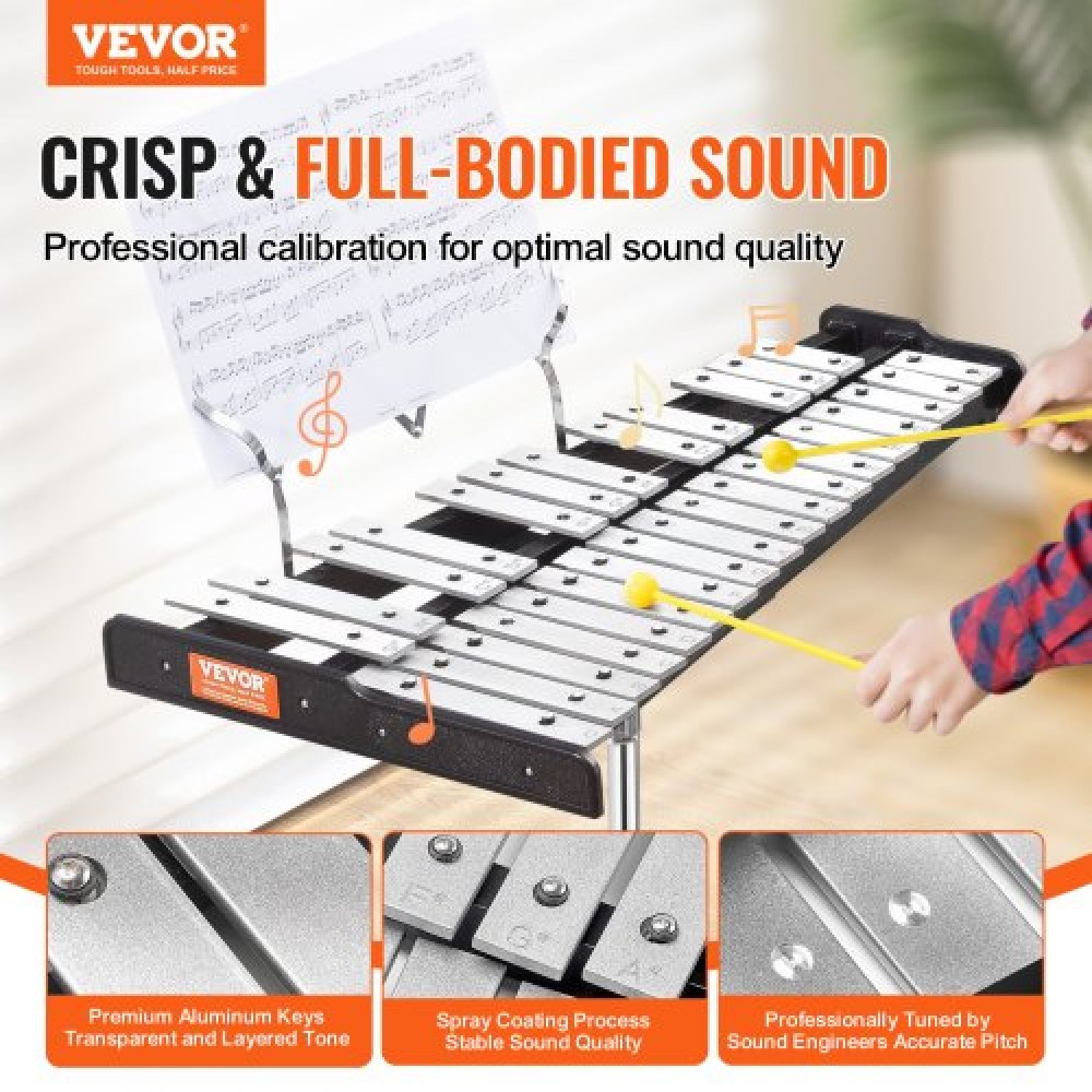 VEVOR 30 Note Glockenspiel Κιτ καμπάνας ξυλόφωνου, επαγγελματικό σετ οργάνων κρουστών με σφύλες, ντραμς, βάση μουσικής, 203mm / 8" Μαξιλάρι πρακτικής, ρυθμιζόμενη βάση και τσάντα μεταφοράς για μαθητές και ενήλικες