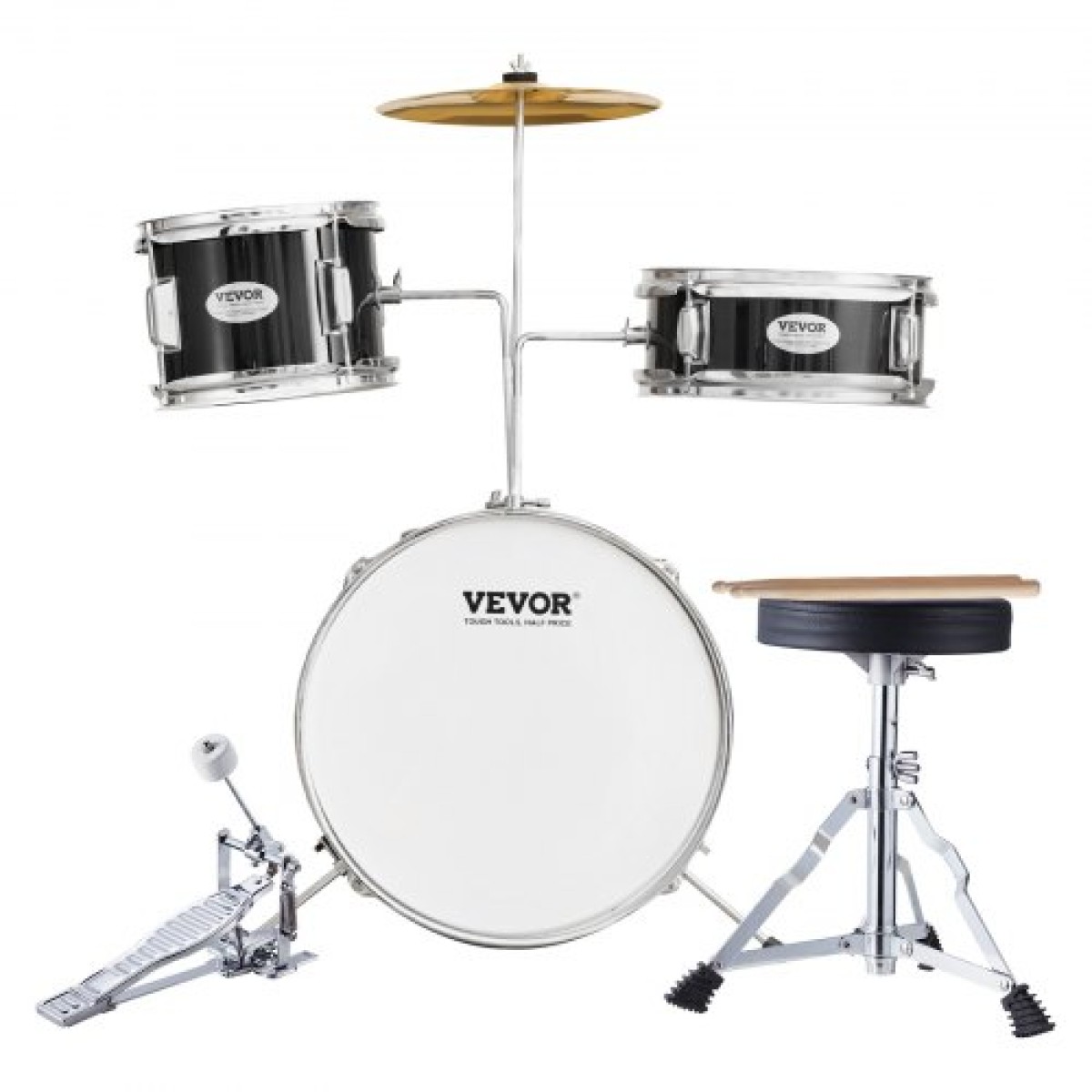 VEVOR Kids Drum Set, 3-Pece, 14 in Beginner Drum set with Adjustable Throne Cymbal Pedal Two Pair of Drumsticks, 8" Tom Drum 10" Snare Drum 14" Bass Drum, Starter Drum Kit for Child Kids, Μαύρο