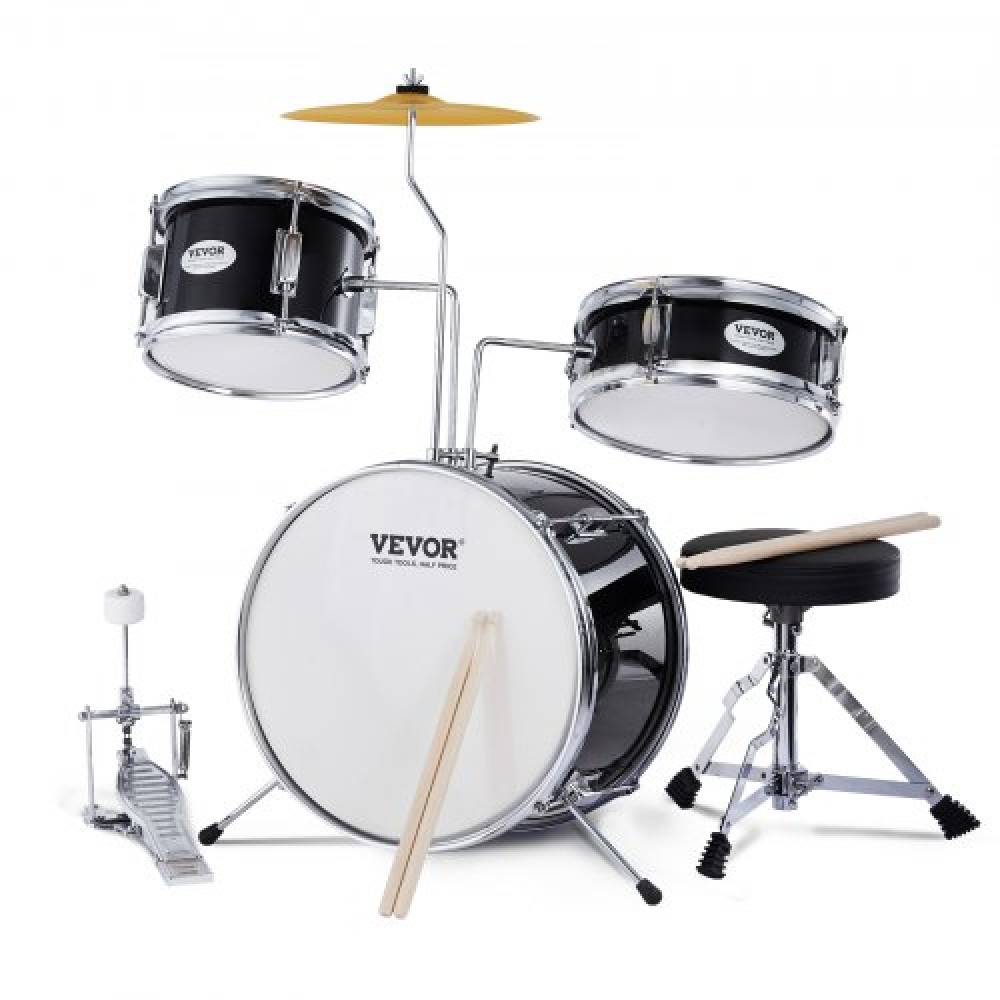 VEVOR Kids Drum Set, 3-Pece, 14 in Beginner Drum set with Adjustable Throne Cymbal Pedal Two Pair of Drumsticks, 8" Tom Drum 10" Snare Drum 14" Bass Drum, Starter Drum Kit for Child Kids, Μαύρο