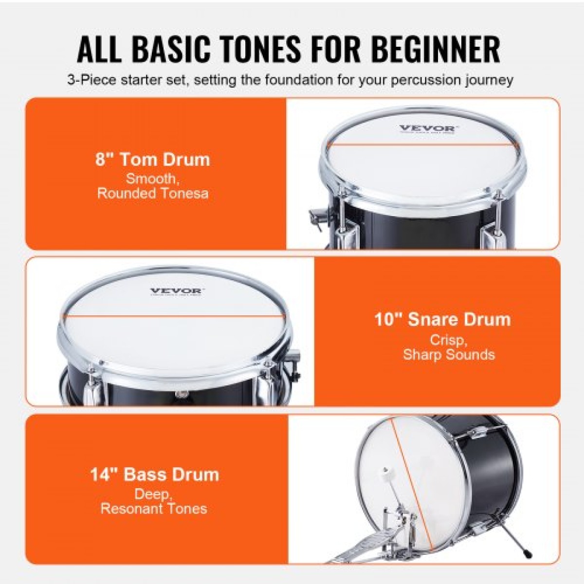 VEVOR Kids Drum Set, 3-Pece, 14 in Beginner Drum set with Adjustable Throne Cymbal Pedal Two Pair of Drumsticks, 8" Tom Drum 10" Snare Drum 14" Bass Drum, Starter Drum Kit for Child Kids, Μαύρο