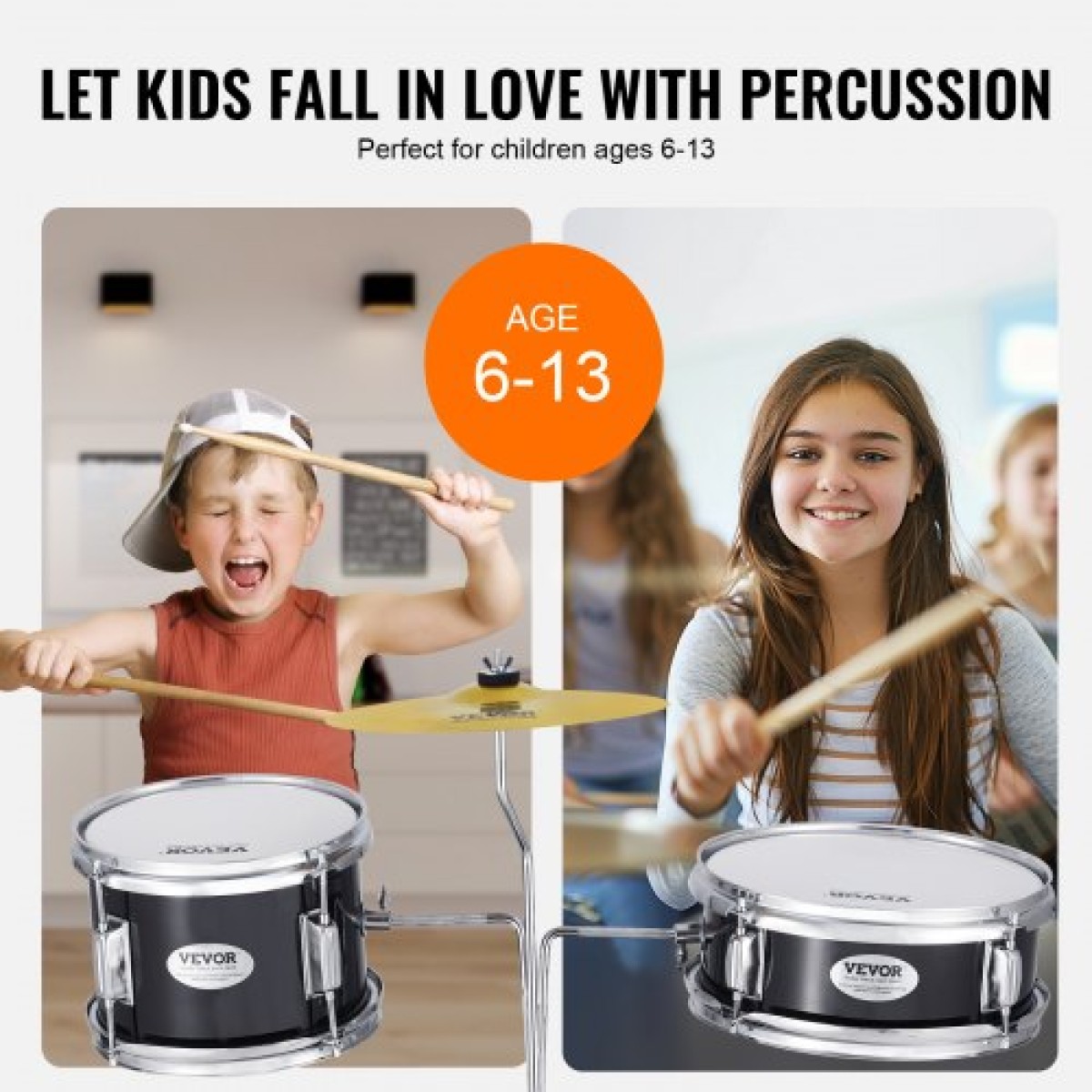 VEVOR Kids Drum Set, 3-Pece, 14 in Beginner Drum set with Adjustable Throne Cymbal Pedal Two Pair of Drumsticks, 8" Tom Drum 10" Snare Drum 14" Bass Drum, Starter Drum Kit for Child Kids, Μαύρο