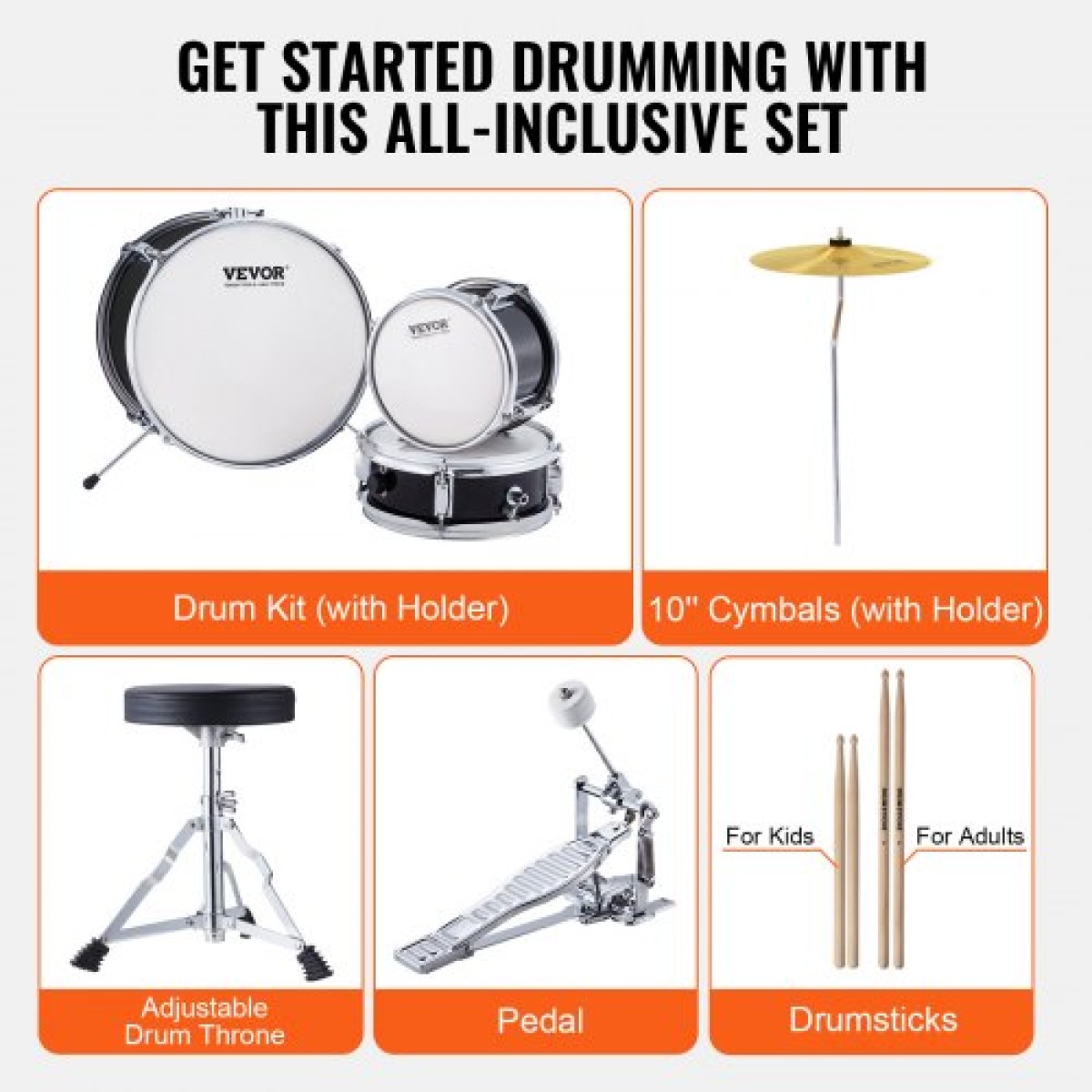 VEVOR Kids Drum Set, 3-Pece, 14 in Beginner Drum set with Adjustable Throne Cymbal Pedal Two Pair of Drumsticks, 8" Tom Drum 10" Snare Drum 14" Bass Drum, Starter Drum Kit for Child Kids, Μαύρο