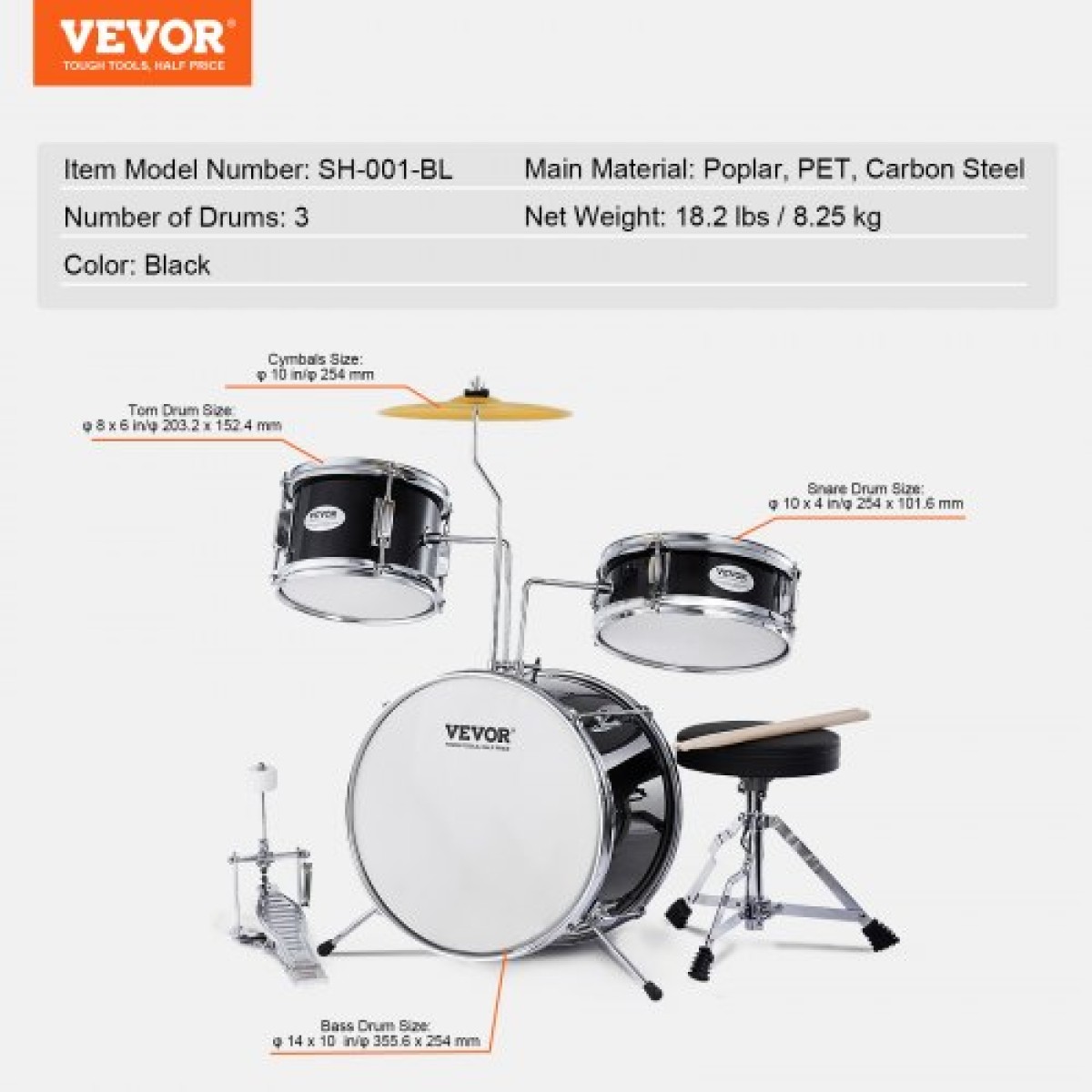 VEVOR Kids Drum Set, 3-Pece, 14 in Beginner Drum set with Adjustable Throne Cymbal Pedal Two Pair of Drumsticks, 8" Tom Drum 10" Snare Drum 14" Bass Drum, Starter Drum Kit for Child Kids, Μαύρο