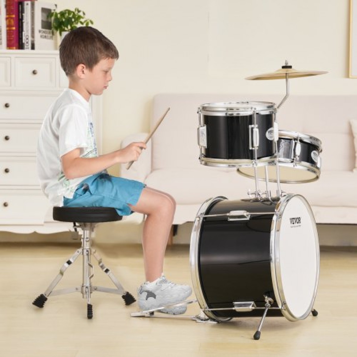 VEVOR Kids Drum Set, 3-Pece, 14 in Beginner Drum set with Adjustable Throne Cymbal Pedal Two Pair of Drumsticks, 8" Tom Drum 10" Snare Drum 14" Bass Drum, Starter Drum Kit for Child Kids, Μαύρο