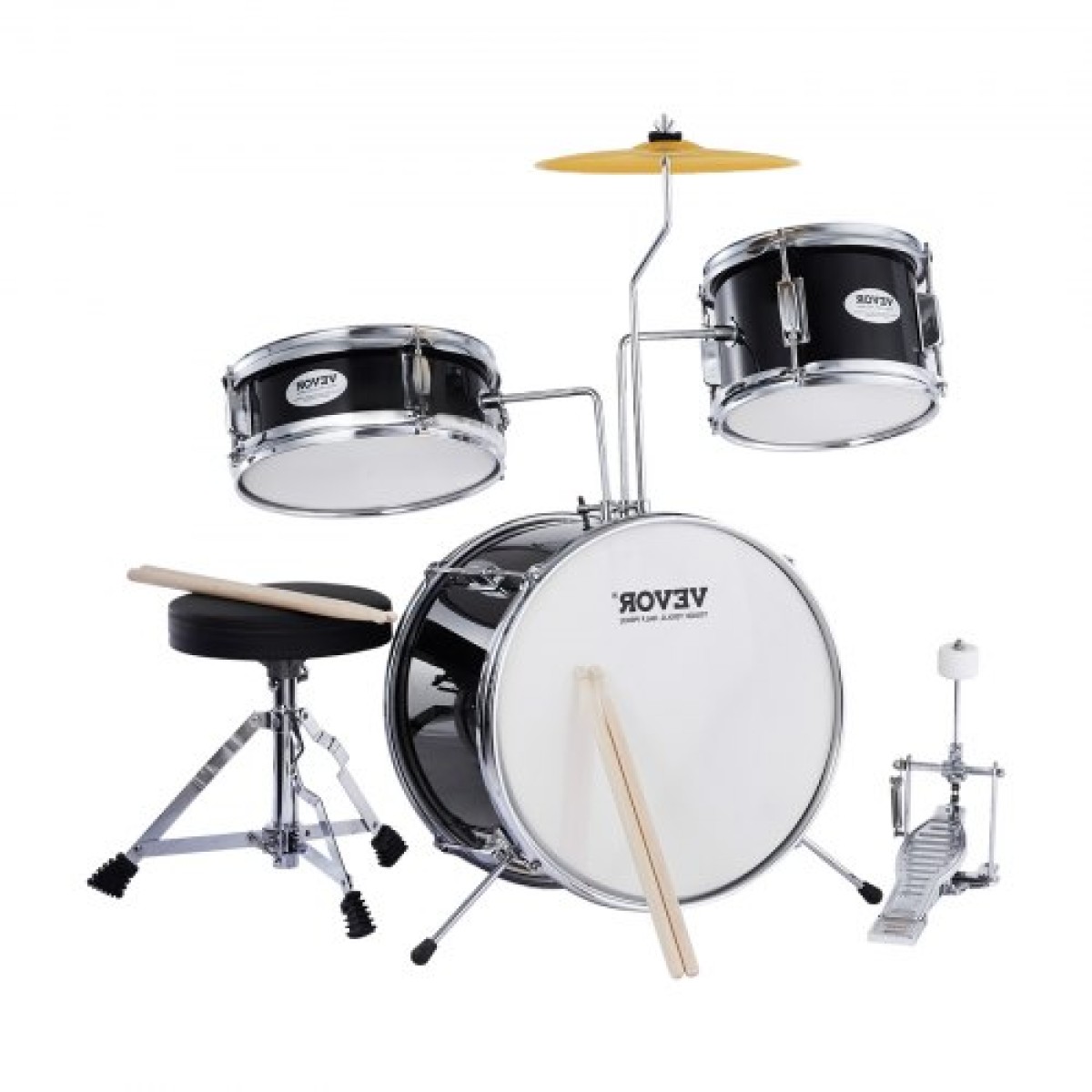 VEVOR Kids Drum Set, 3-Pece, 14 in Beginner Drum set with Adjustable Throne Cymbal Pedal Two Pair of Drumsticks, 8" Tom Drum 10" Snare Drum 14" Bass Drum, Starter Drum Kit for Child Kids, Μαύρο