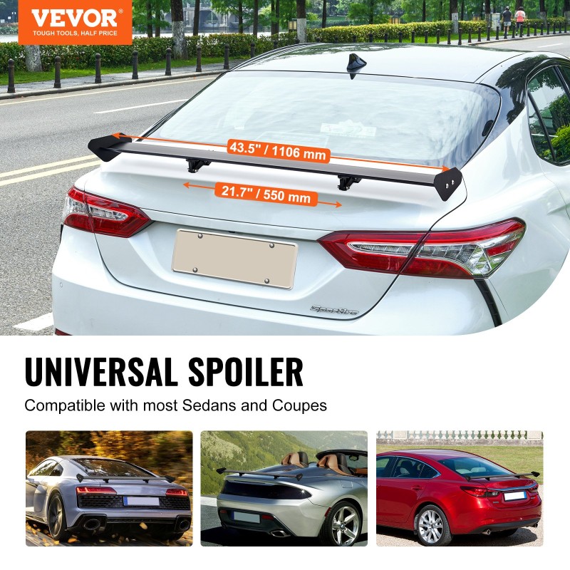 Αεροτομή αυτοκινήτου VEVOR GT, Universal αεροτομή 43,3 ιντσών με μονό κατάστρωμα, ρυθμιζόμενο ελαφρύ αλουμίνιο, φτερό πίσω αεροτομή αυτοκινήτου, αγωνιστική αεροτομή BGW/JDM Drift Black