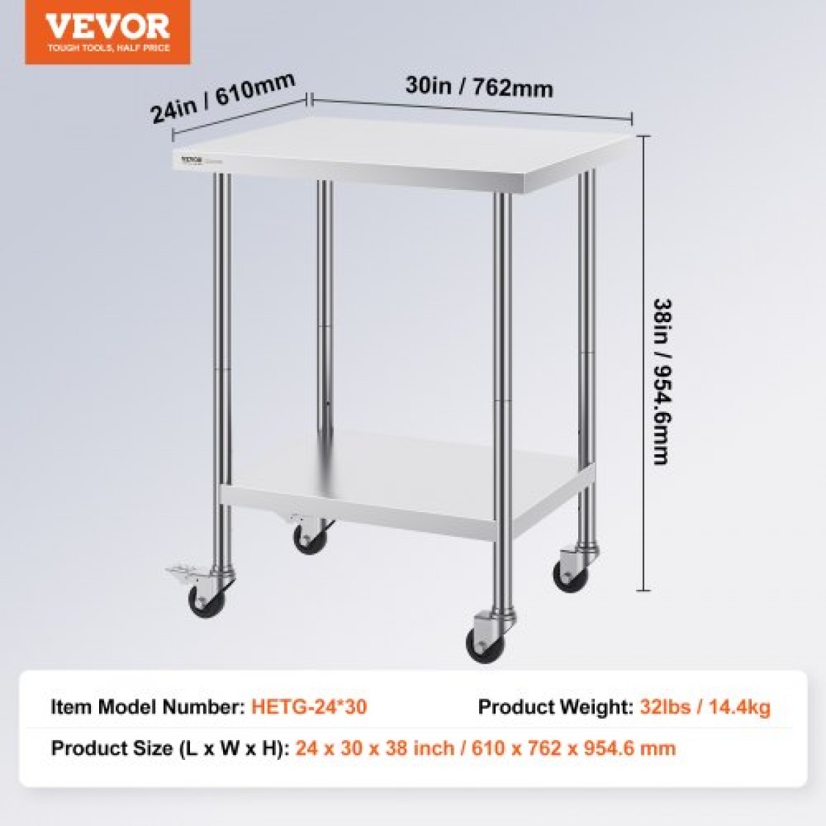Τραπέζι εργασίας VEVOR από ανοξείδωτο ατσάλι 24 x 30 x 38 ιντσών, με 4 ρόδες, 3 ρυθμιζόμενα επίπεδα ύψους, βαρέως τύπου τραπέζι εργασίας προετοιμασίας φαγητού για εμπορική κουζίνα, ασημί