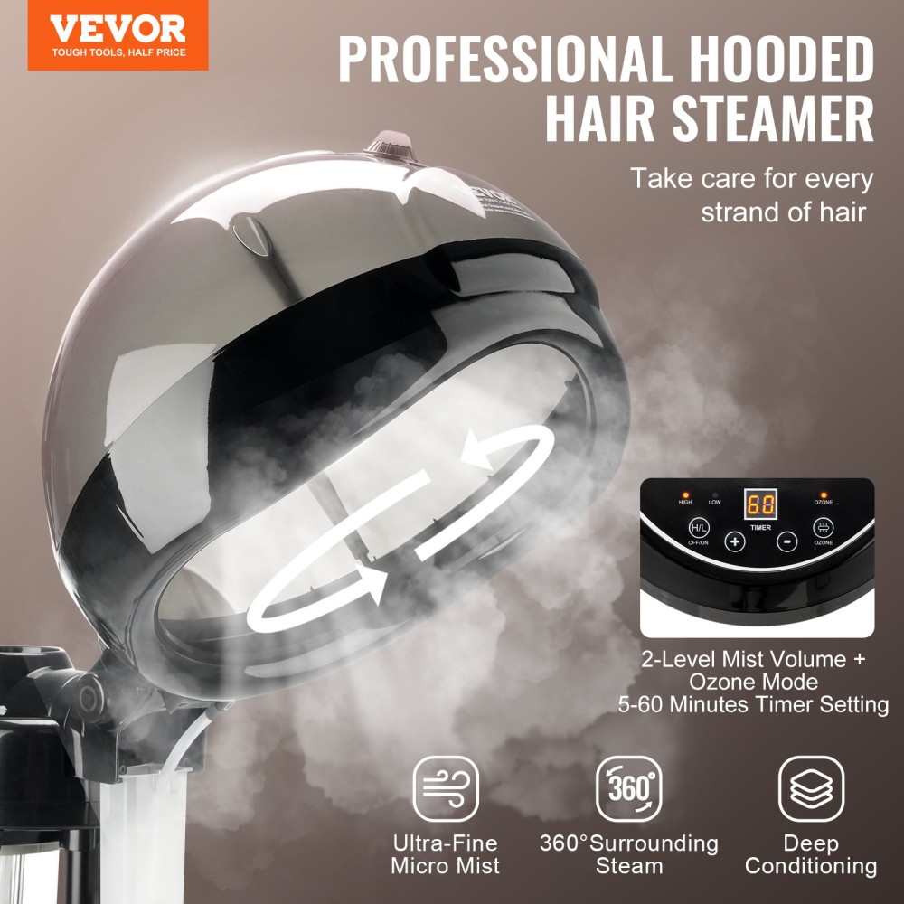 VEVOR Professional Hair Steamer for Deep Conditioner, Ionic Hair Steamer 11,81 ιντσών με κουκούλα με 2 λειτουργίες, ρυθμιζόμενο ύψος όρθια ατμομάγειρα μαλλιών με χρονοδιακόπτη, 5 τροχούς (2 που κλειδώνουν) για Salon Home Spa