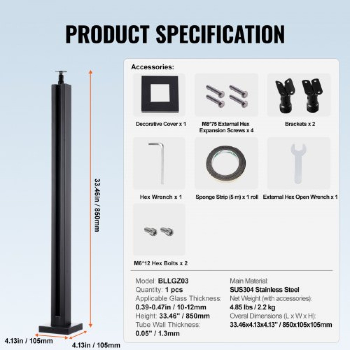 Σφιγκτήρας VEVOR Glass, 35,83" Στήριγμα κιγκλίδωμα από γυαλί ύψους για 0,39" -0,47" Πάχος σκληρυμένο γυαλί, 304 ανοξείδωτο ατσάλι Σφιγκτήρας τοποθέτησης, γυάλινο στήριγμα ραφιού για μπαλκόνι, κήπο, κατάστρωμα, σκάλα, μαύρο