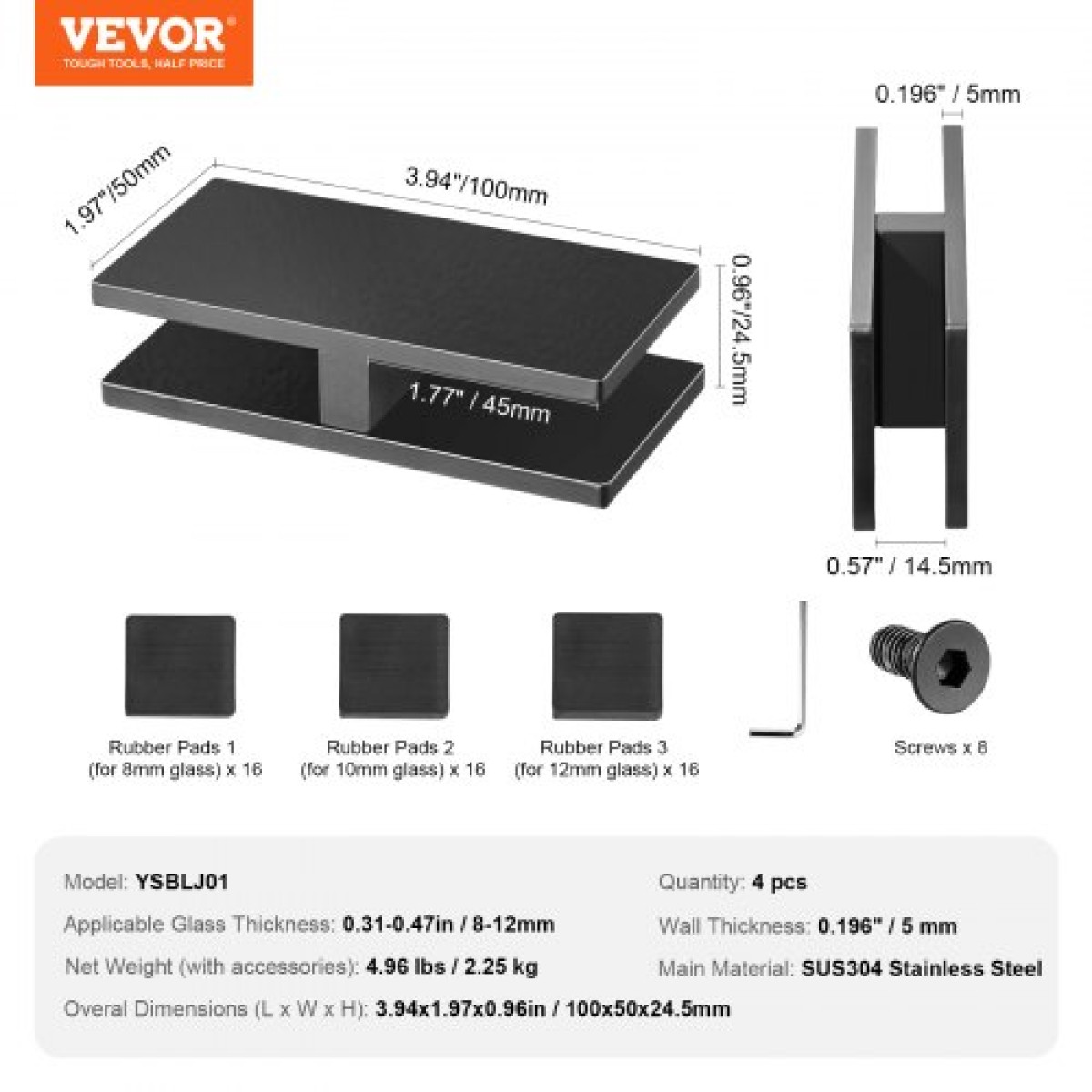 Σφιγκτήρας VEVOR Glass, 4 ΤΕΜ Ορθογώνιο γυάλινο στήριγμα κιγκλιδώματος για 0,31 "-0,47" σκληρυμένο γυαλί, 304 ανοξείδωτο γυαλί Σφιγκτήρας τοποθέτησης, 0,2" Στήριγμα ραφιού από γυαλί πάχους για μπαλκόνι, κήπο, πισίνα, σκάλα