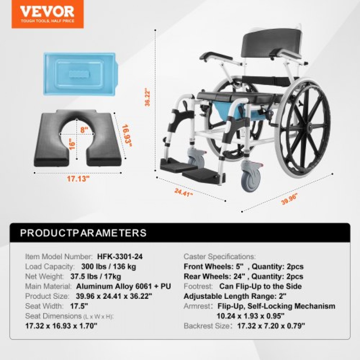 Αναπηρική καρέκλα ντους VEVOR 17,5 ιντσών/44,5 cm Aloy Commode Αναπηρική καρέκλα μπάνιου για άτομα με ειδικές ανάγκες
