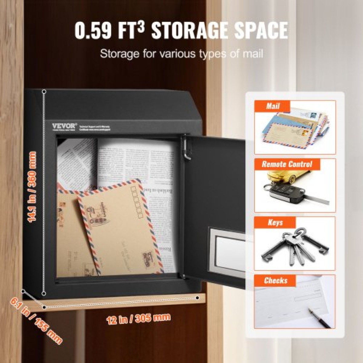 VEVOR Through The Door Key Drop Box, Heavy Duty Steel Through the Door Mailbox with 12" Combination Lock, Mail Drop Box, Μαύρο