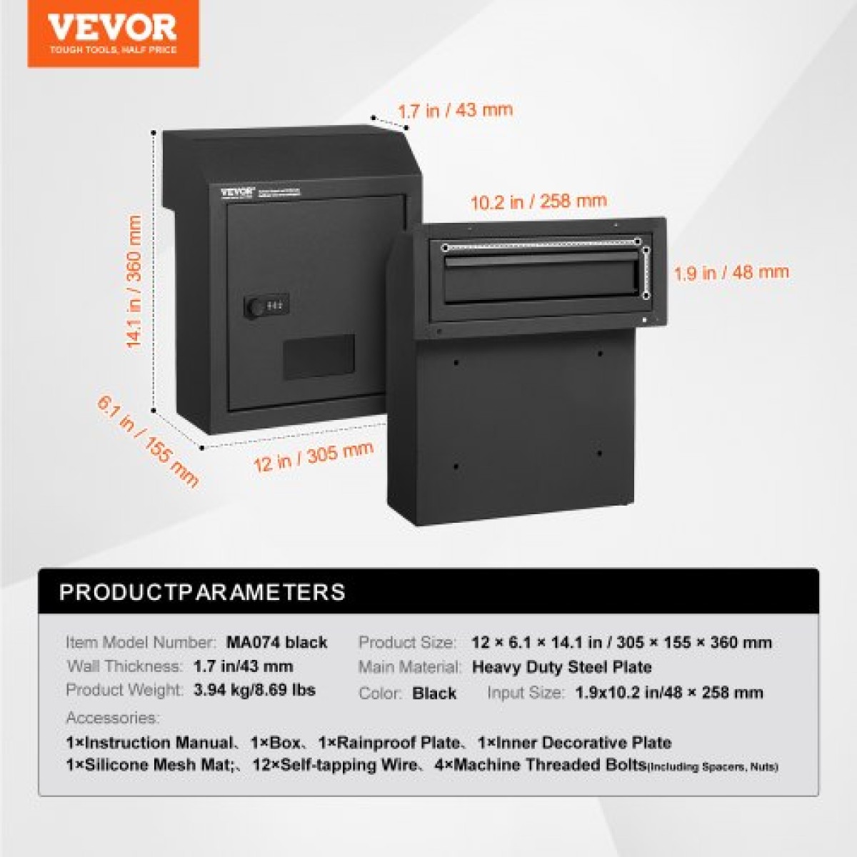 VEVOR Through The Door Key Drop Box, Heavy Duty Steel Through the Door Mailbox with 12" Combination Lock, Mail Drop Box, Μαύρο