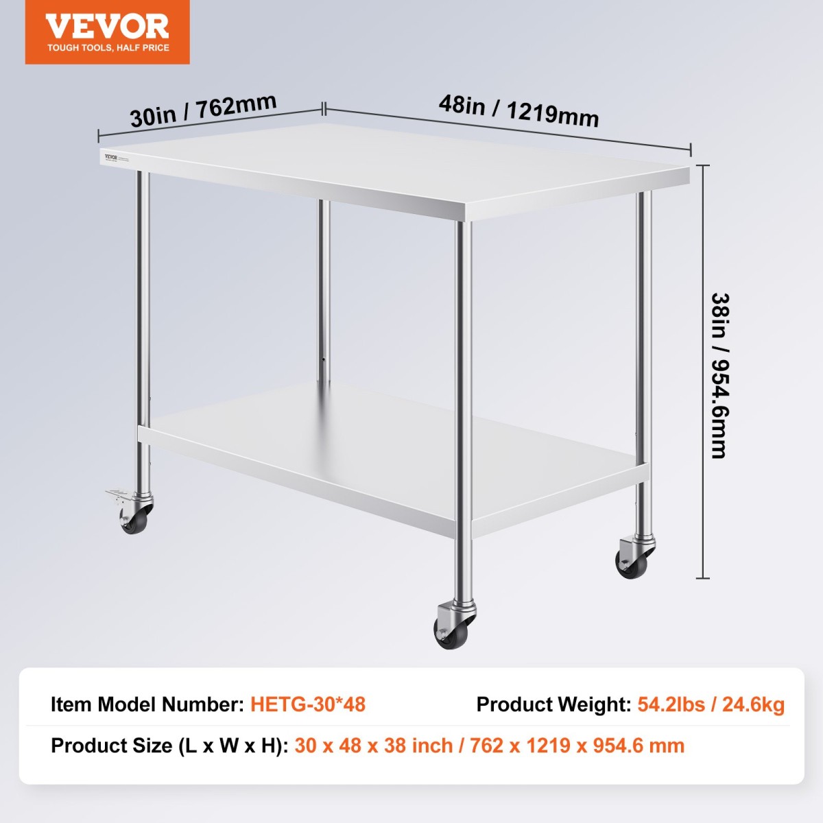 Τραπέζι εργασίας VEVOR από ανοξείδωτο ατσάλι 30 x 48 x 38 ιντσών, με 4 ρόδες, 3 ρυθμιζόμενα επίπεδα ύψους, βαρέως τύπου τραπέζι εργασίας προετοιμασίας φαγητού για επαγγελματικό εστιατόριο κουζίνας, ασημί