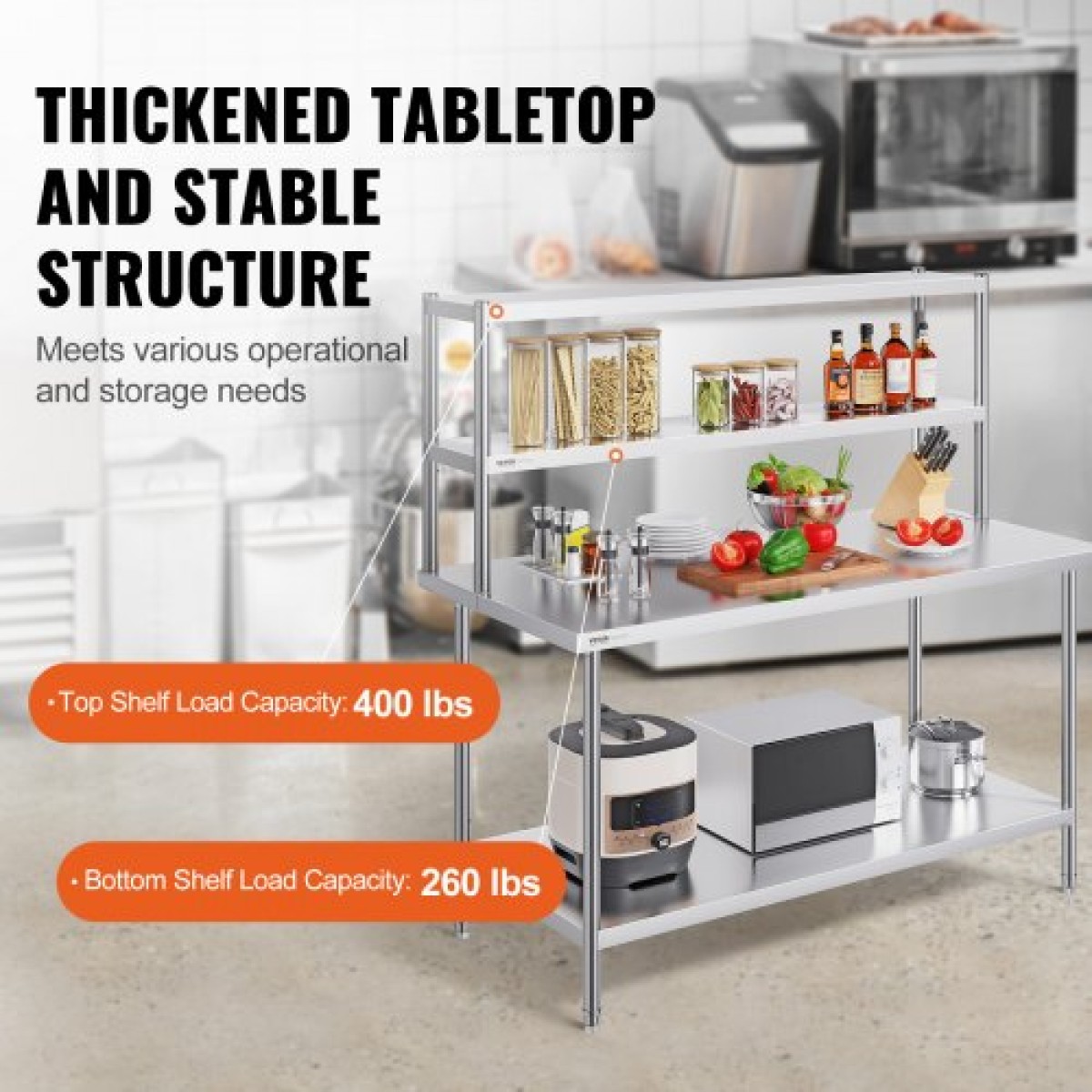Διπλό ράφι VEVOR, Διπλό ράφι από ανοξείδωτο ατσάλι, 12 x 60 ιντσών ράφι διπλού ορόφου, ρυθμιζόμενο ύψος πάνω από ράφι προετοιμασίας τραπέζι εργασίας για κουζίνα, εστιατόριο και εργαστήριο