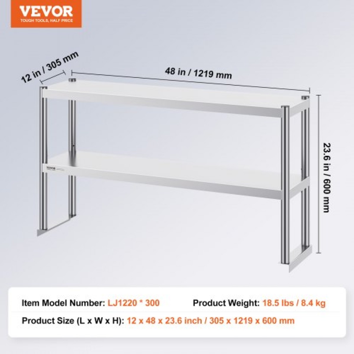 Διπλό ράφι VEVOR, Διπλό ράφι από ανοξείδωτο ατσάλι, 12 x 48 ιντσών ράφι διπλού ορόφου, ρυθμιζόμενο ύψος πάνω από ράφι προετοιμασίας τραπέζι εργασίας για κουζίνα, εστιατόριο και εργαστήριο