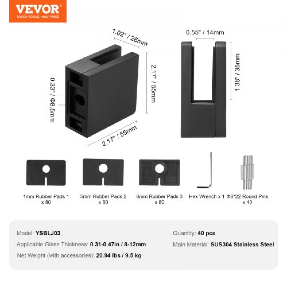 VEVOR Glass Clamp 40 PCS Τετράγωνο στήριγμα κιγκλιδώματος για 0,31"-0,47" (0,8-1,2 cm) Γυάλινο μαύρο