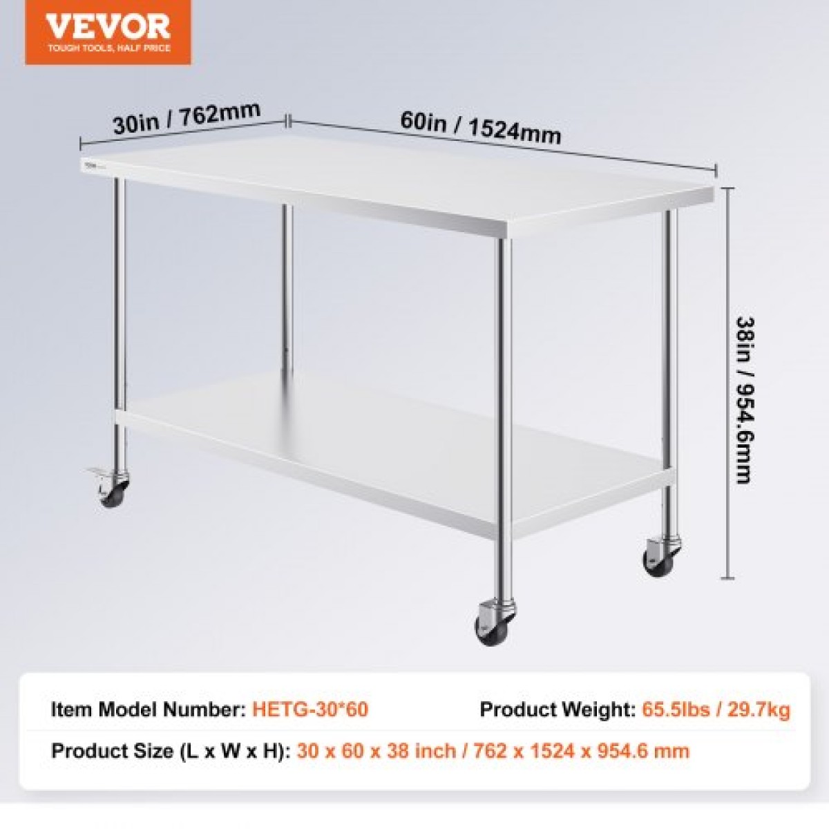 Τραπέζι εργασίας VEVOR από ανοξείδωτο ατσάλι 30 x 60 x 38 ιντσών, με 4 ρόδες, 3 ρυθμιζόμενα επίπεδα ύψους, βαρέως τύπου τραπέζι εργασίας προετοιμασίας φαγητού για εμπορική κουζίνα, ασημί