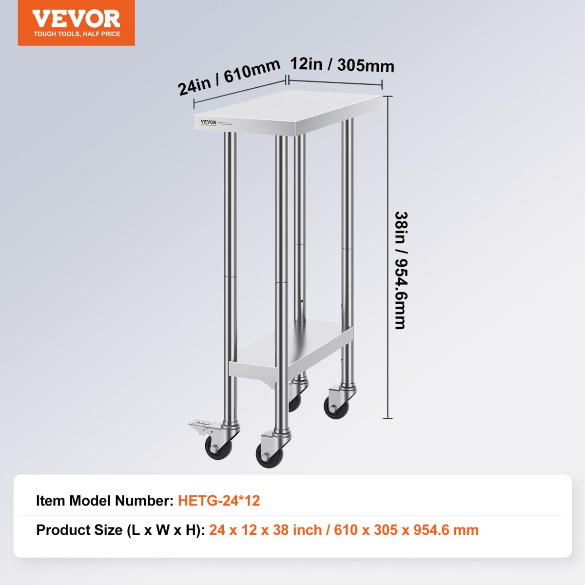 Τραπέζι εργασίας VEVOR από ανοξείδωτο ατσάλι 24 x 12 x 38 ιντσών, με 4 ρόδες, 3 ρυθμιζόμενα επίπεδα ύψους, βαρέως τύπου τραπέζι εργασίας προετοιμασίας φαγητού για εμπορική κουζίνα, ασημί