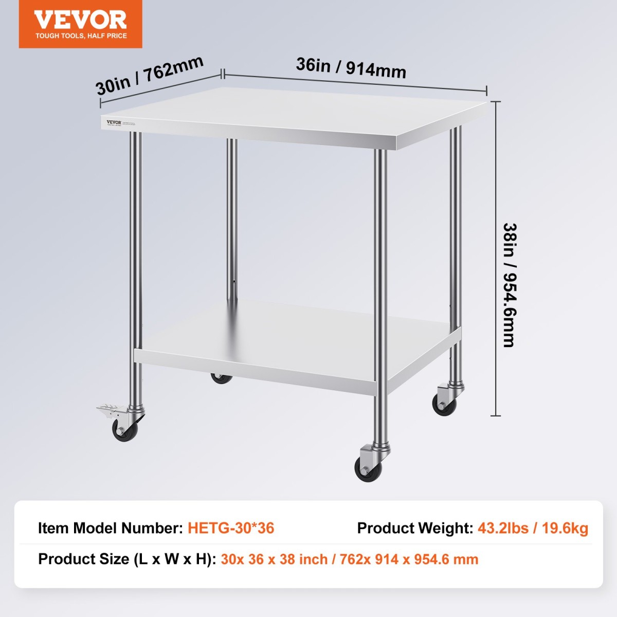 Τραπέζι εργασίας VEVOR από ανοξείδωτο ατσάλι 30 x 36 x 38 ιντσών, με 4 ρόδες, 3 ρυθμιζόμενα επίπεδα ύψους, βαρέως τύπου τραπέζι εργασίας προετοιμασίας φαγητού για εμπορική κουζίνα, ασημί