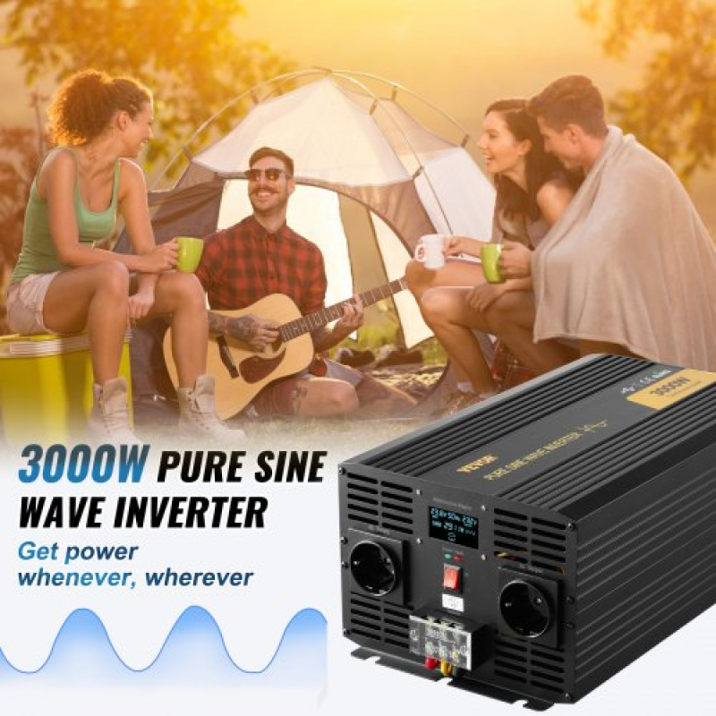 VEVOR Pure Sine Wave Inverter, 3000 Watt, DC 24V to AC 230V Power Inverter Αυτοκινήτου, με τηλεχειριστήριο οθόνης LCD θύρας USB και πρίζες ΕΕ, για κάμπινγκ με ηλιακό σύστημα φορτηγών RV Truck