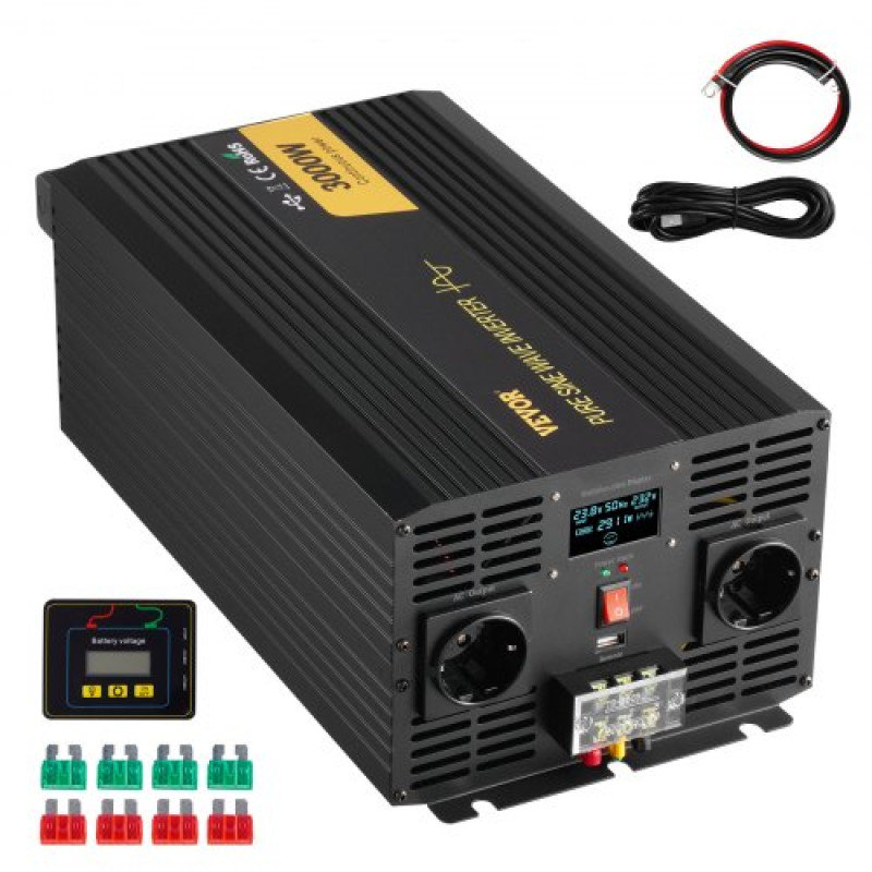 VEVOR Pure Sine Wave Inverter, 3000 Watt, DC 24V to AC 230V Power Inverter Αυτοκινήτου, με τηλεχειριστήριο οθόνης LCD θύρας USB και πρίζες ΕΕ, για κάμπινγκ με ηλιακό σύστημα φορτηγών RV Truck
